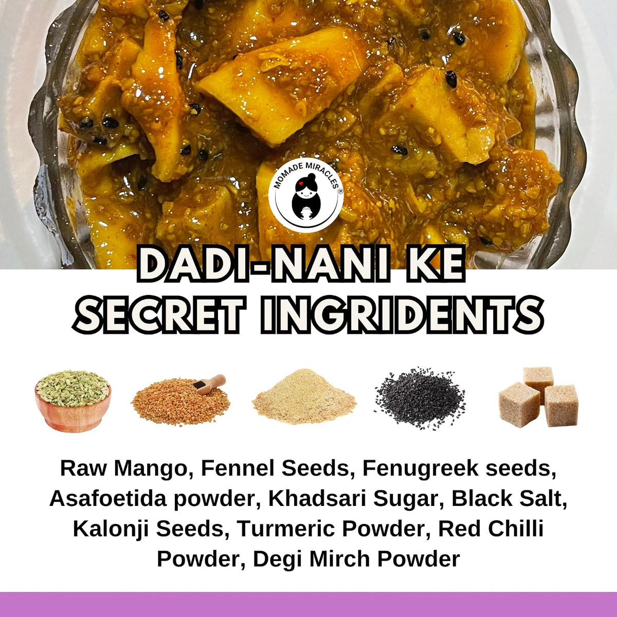 Momade Miracles Mango Aam ka Achar with Hing Flavour/Pickle Without Oil Traditional Indian Homemade Achar with Hing, Sweet & Tangy Pickle | Dry Sukha Aam Ka Achaar made with Organic Methods & Preservative free