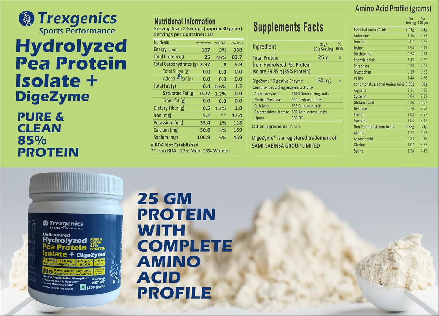 Trexegenics Sports Performance Hydrolized Pea Protein Isolate + DigeZyme supplement packaging with protein powder and scoop.