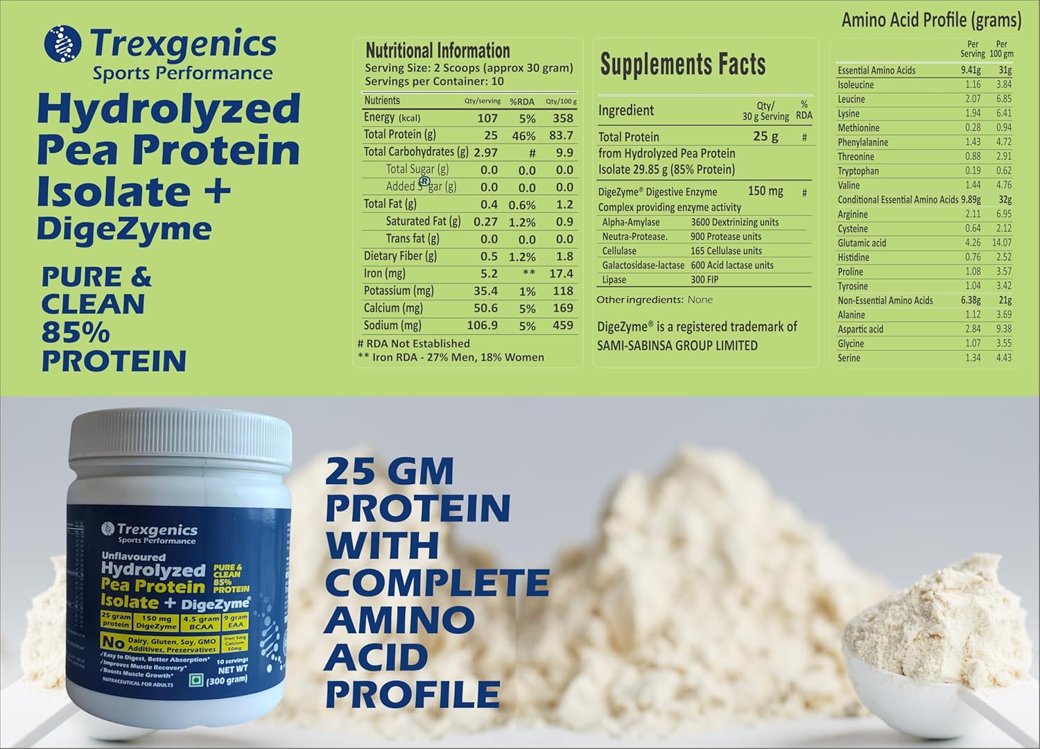Trexegenics Sports Performance Hydrolized Pea Protein Isolate + DigeZyme supplement packaging with protein powder and scoop.