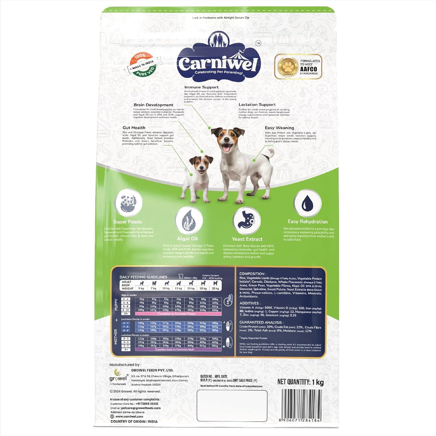 Carniwel Superfoods Starter Dry Dog Food 1kg| 100% Vegetarian | Fresh & Natural Ingredients | Highly Palatable | GMO Free | Premium Nutrition for Small Dogs