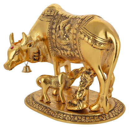 Polyresin Hand Painted Kamdhenu Cow with Calf God Figure Showpiece Decor (Golden, Small Size), 20L x 20W x 29H Centimeters