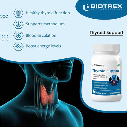 Biotrex Nutraceuticals Thyroid Care Supplement With Ashwagandha, Kelp, Selenium, L-Tyrosine & Iodine | Supports Thyroid Health & Mood Balance | Enhances Energy - 60 Vegetarian Capsules