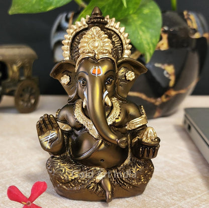 Gold Art India Handcrafted French Brown Mukut Ganesha Idol (3.5") - Perfect for Car Dashboard, Home or Office Decor and Gifting, Idol