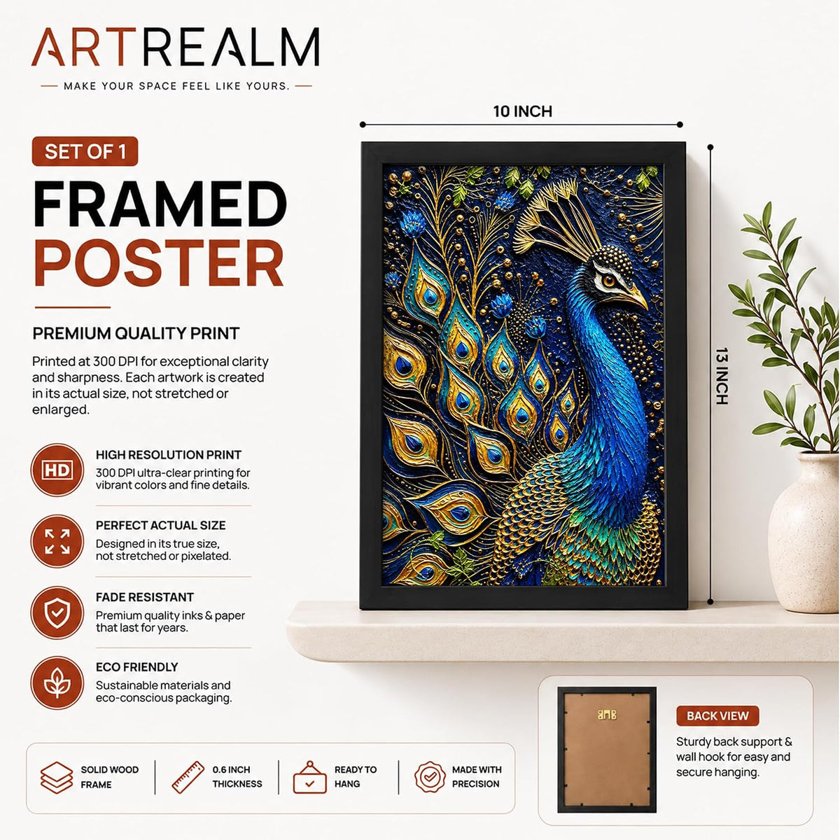 Royal Peacock Framed Wall Art, Black, 10x13 Inches