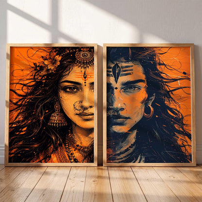 Set of 2 Framed Wall Art Prints, Premium HD Modern Wall Decor for Living Room, Bedroom, Office & Home, Abstract, Spiritual, Floral, Nature, Botanical & Boho Artwork, Ready to Hang (Shiv parwati 1, 13X19, Brown)