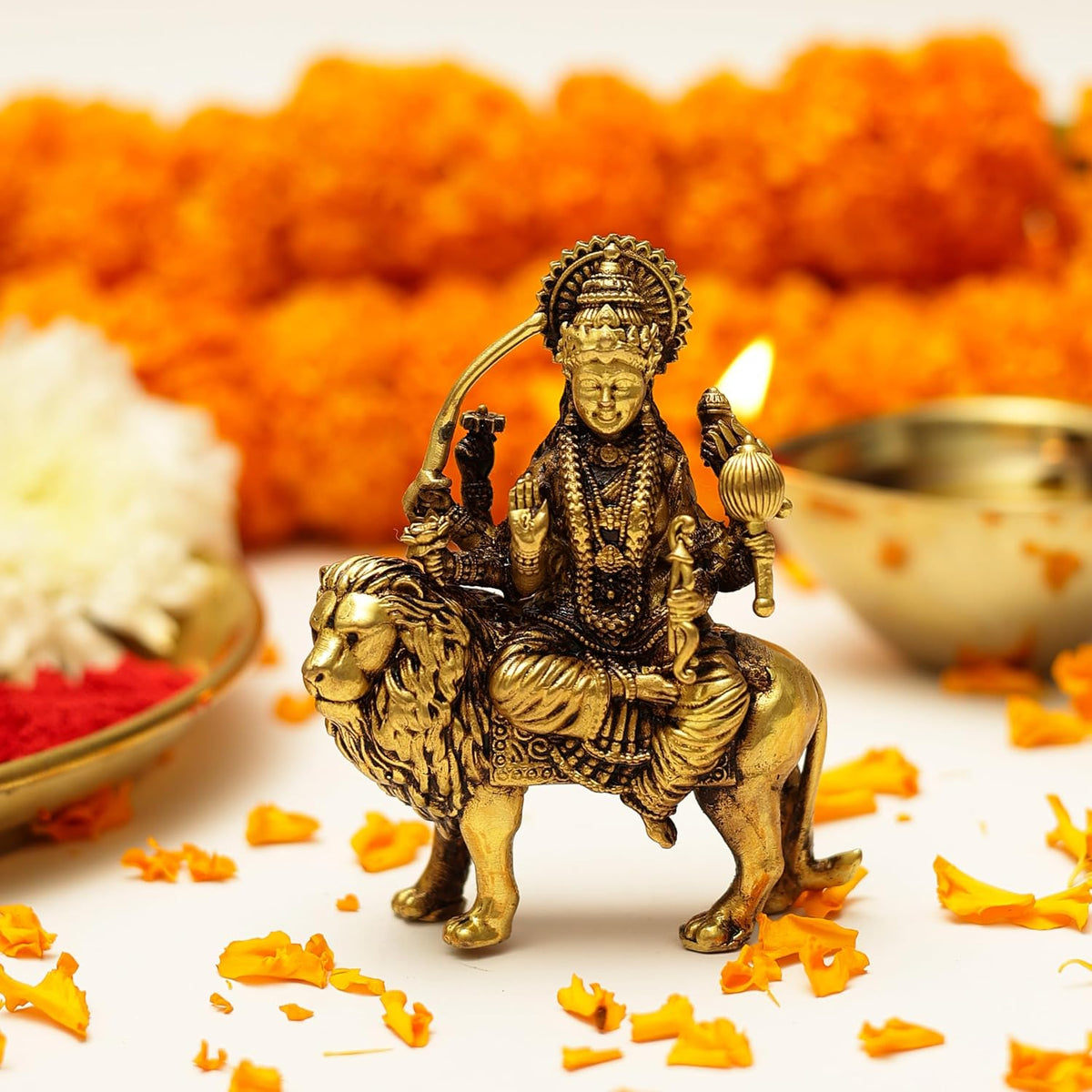 3 Inch Pure Brass Durga Maa Idol on Lion | Decorative Goddess Statue for Home Temple, Mandir, Pooja Room Decor, Spiritual Gift for Navratri, Diwali & Housewarming