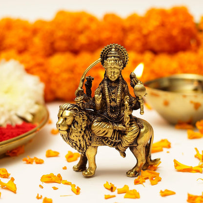 3 Inch Pure Brass Durga Maa Idol on Lion | Decorative Goddess Statue for Home Temple, Mandir, Pooja Room Decor, Spiritual Gift for Navratri, Diwali & Housewarming