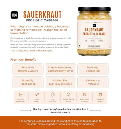 Sauerkraut Probiotic Cabbage | Naturally Fermented | Organic, Raw, Artisanal, Plant-Based, Preservative Free | Happy Live Cultures (250 Grams)
