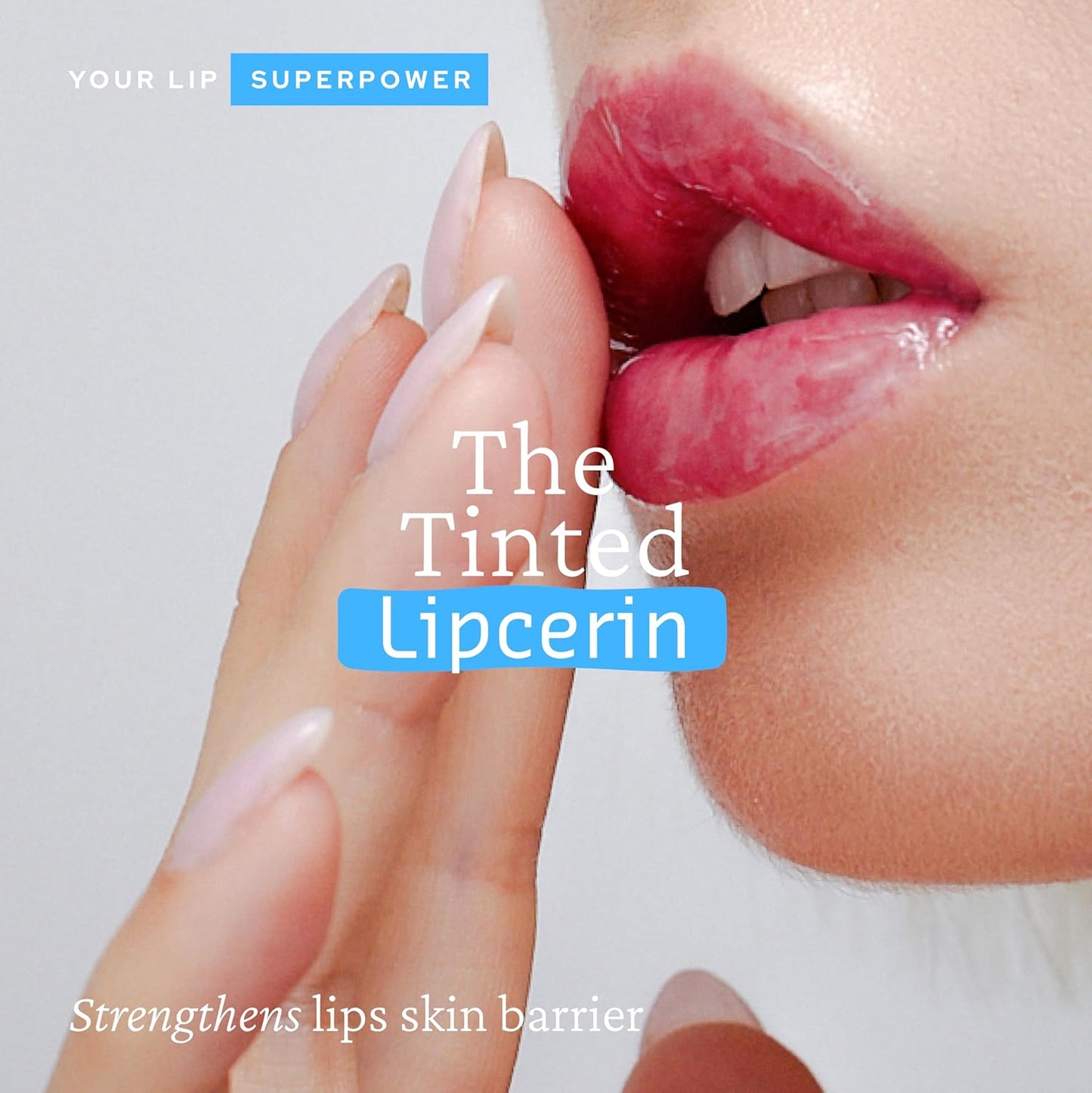 Close-up of lips with a hand applying a product, featuring text about 'The Tinted Lipcerin'.