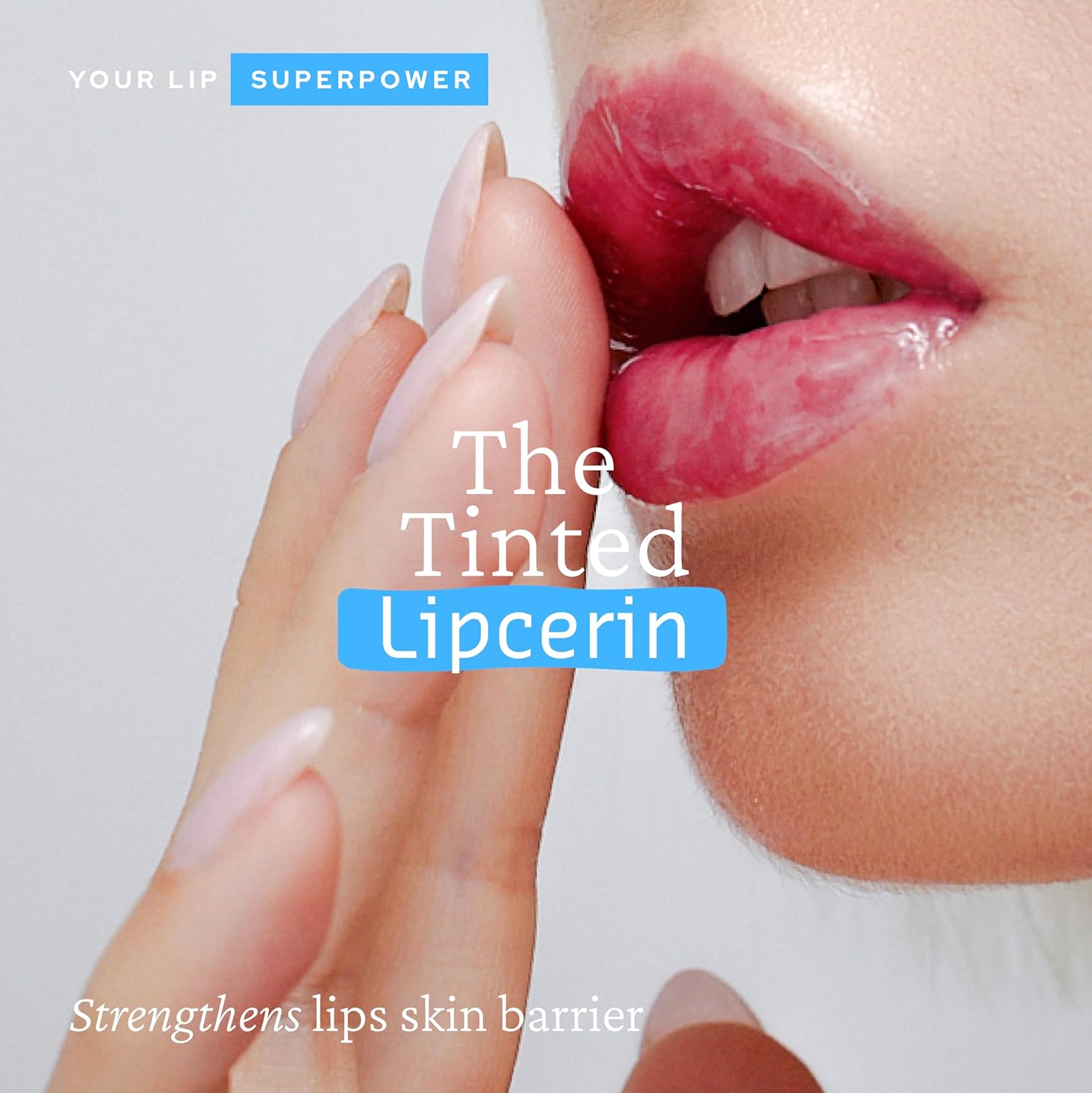 Close-up of lips with a hand applying a product, featuring text about 'The Tinted Lipcerin'.