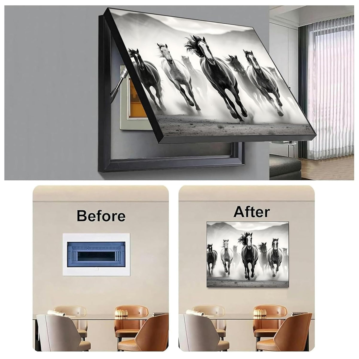 Electric MCB Box Cover Frame With Hydraulic Decorative Painting White 7 Running Horse Painting Electrical Panel box Cover, Switch Box Frame Will Fit Max 10x14 inch Switch Board, Outer Size 13X17 Inch