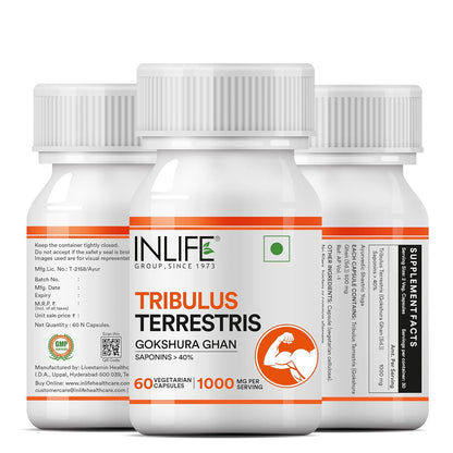 INLIFE Tribulus Terrestris For Men | Gokshura with Saponins >40%, 1000mg per serving - 60 Vegetarian Capsules (Pack of 1, 60)