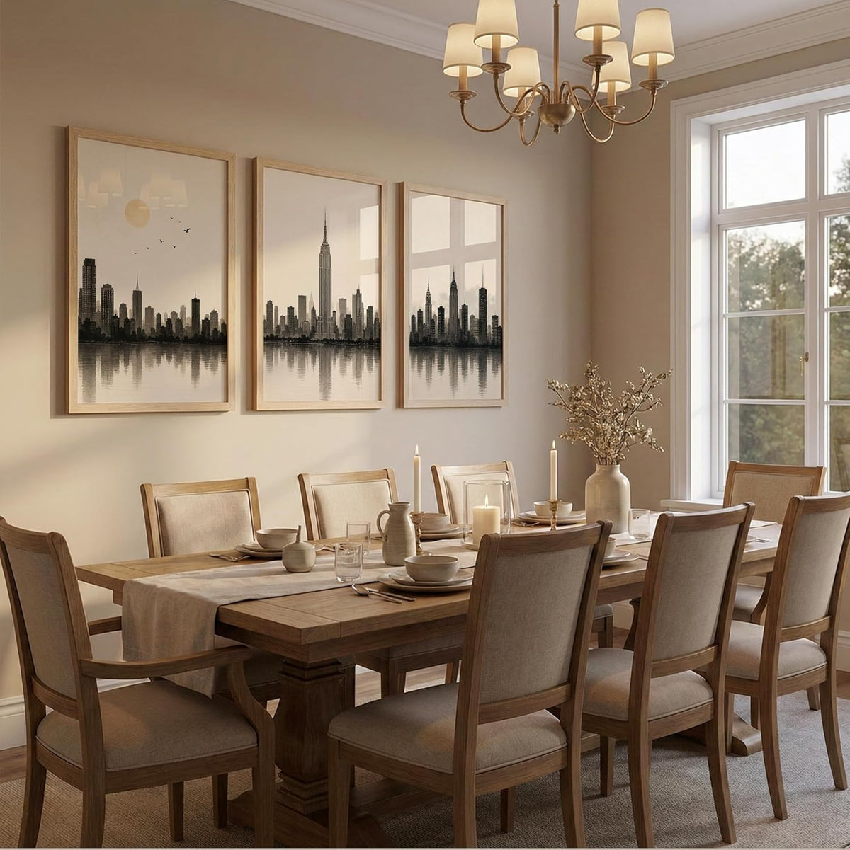 Set of 3 Modern City Skyline Wall Art Paintings for Living Room | Minimalist Urban Cityscape Wall Decor | Neutral Beige Framed Wall Paintings for Bedroom, Office, Hall & Home Decoration (13x19 Inches)