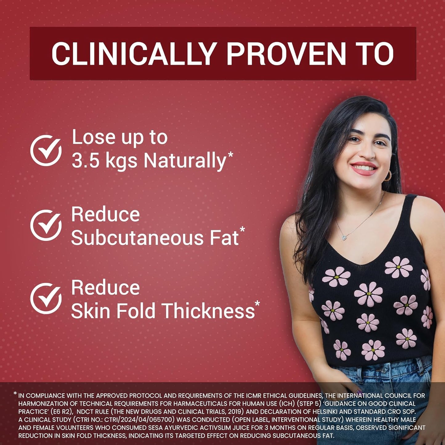 Woman in a black floral tank top with text on a red background about weight loss benefits.