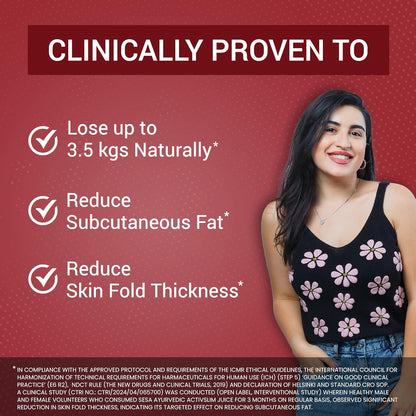 Woman in a black floral tank top with text on a red background about weight loss benefits.