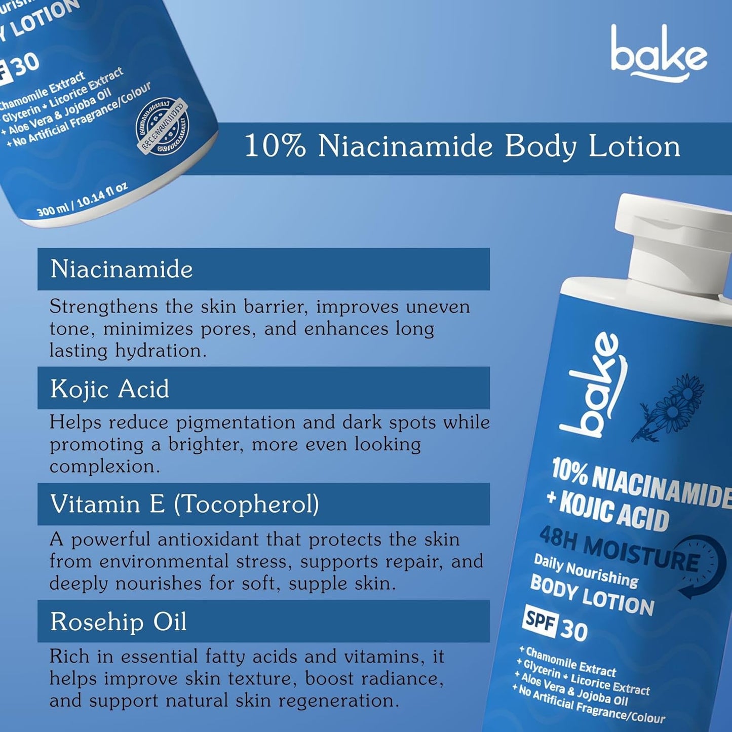 BAKE 10% Niacinamide Body Lotion SPF 30 with Kojic Acid for Acne Marks, Dark Spots & Pigmentation, 48H Moisturizing, Tan Removal | For Women & Men | 300ml