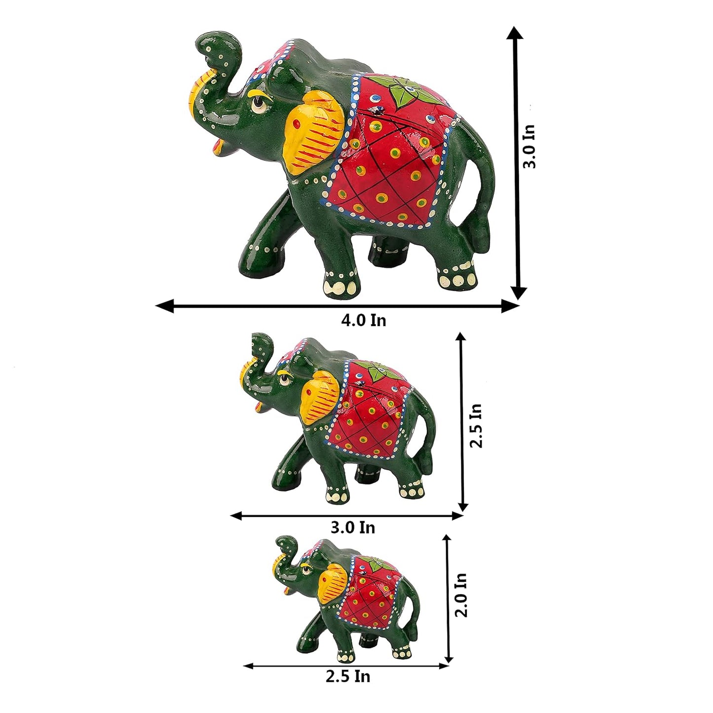DreamKraft Paper Mache Elephant Showpiece, Standard, Green, 3 Piece, Home Decor, Cultural, Traditional, Festive
