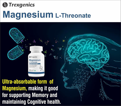 Trexgenics MAGNESIUM L-THREONATE Next Generation Bioavailable Magnesium, Cognitive Function & Brain Health Support (30 Veg. Capsules) (Pack of 1)