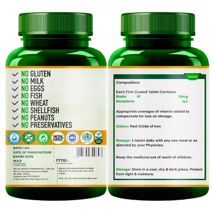 BioClinical Biotin Tablets for Hair Growth - Biotin 10000mcg for Hair,Skin & Nails - Supplement for Men & Women Hair Growth - Vegan Vitamin B 7 -PureVe Forte Medicine -120 Veg Tablets