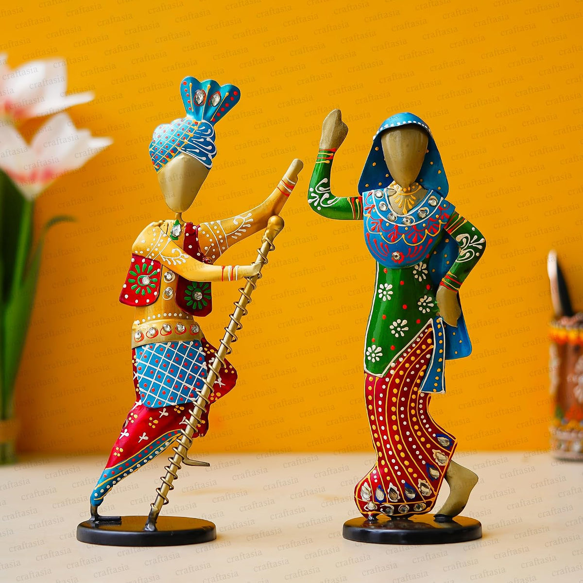 Handcrafted Punjabi Dancing Figurines, Traditional Indian Art, Colourful Metal Sculptures, Set of 2