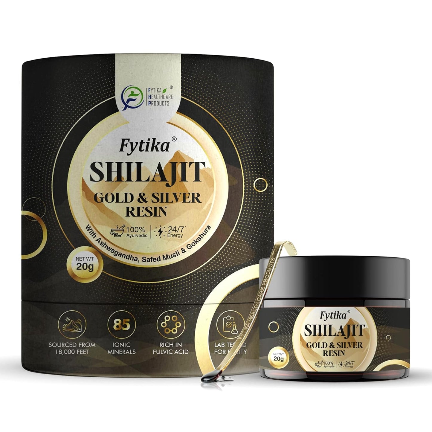 Fytika Shilajit Gold & Silver Resin packaging on a white background