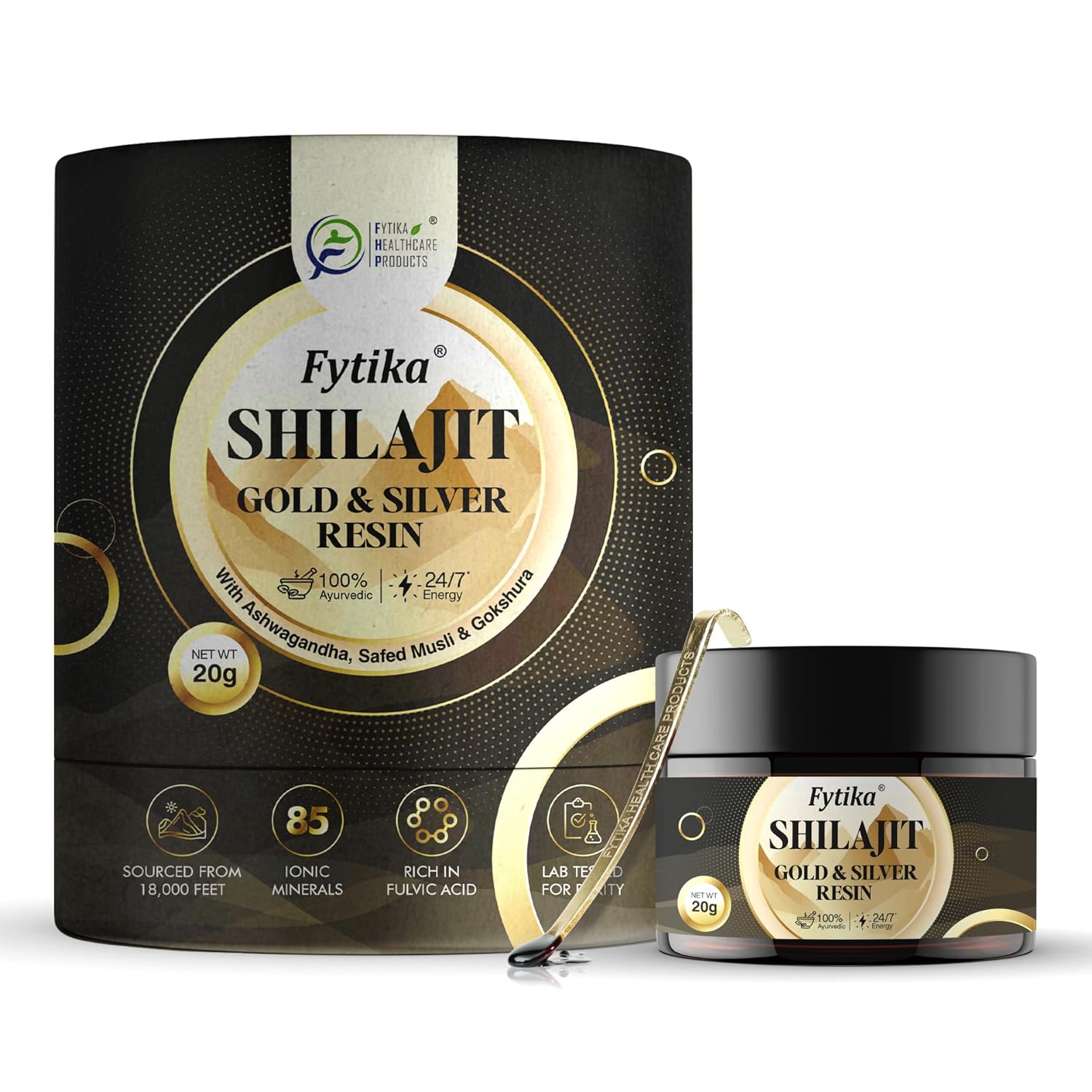 Fytika Shilajit Gold & Silver Resin packaging on a white background