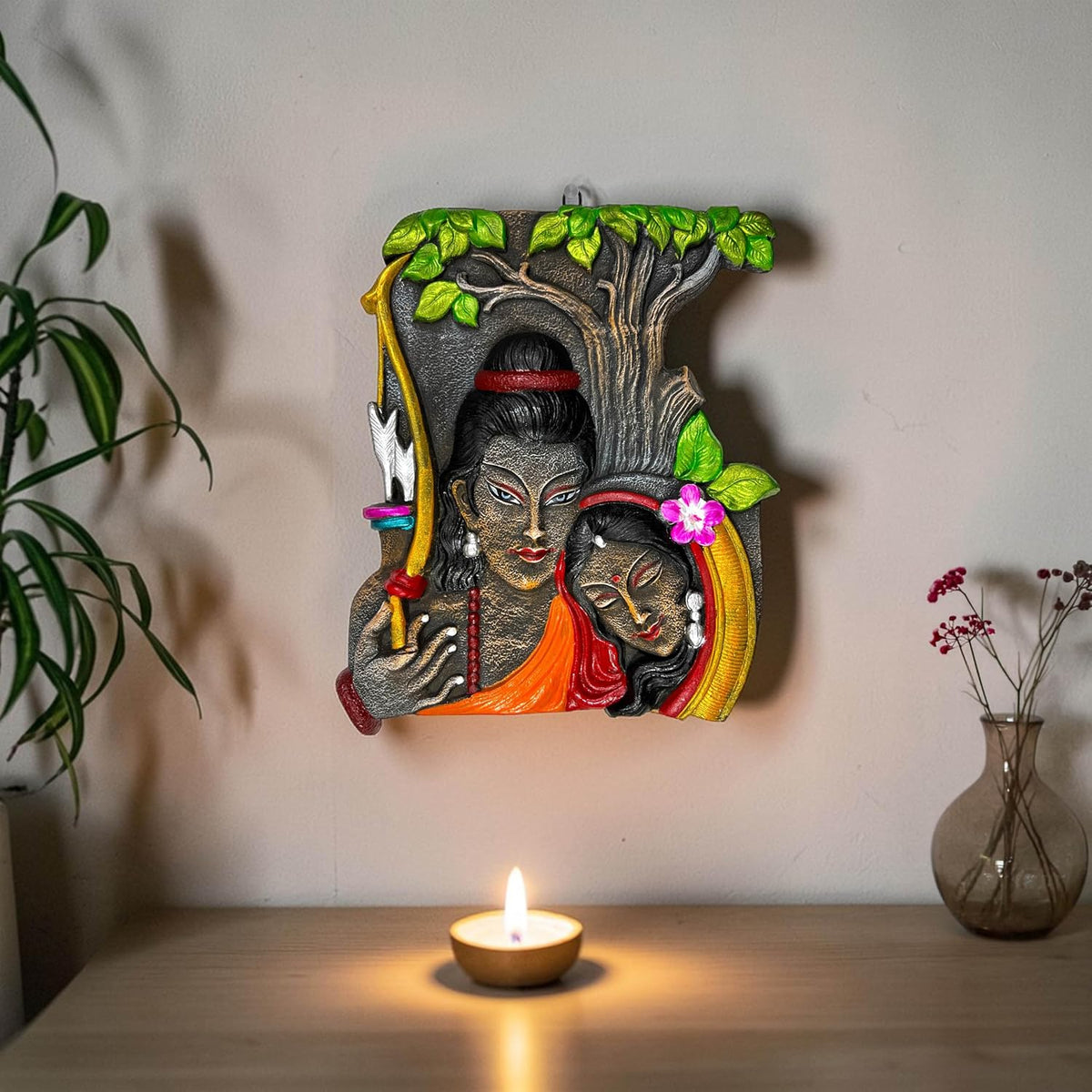Ram Sita Terracotta Wall Hanging Idol Murti | Sita Ram Wall Decor | Wall Decor for Temple, Mandir, Home, Living & Office Decoration & Gifting | Spiritual Decor (27x21 CM)