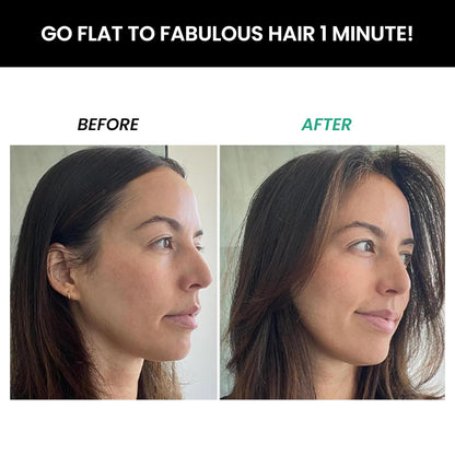Before and after comparison of hair straightening treatment on a woman's head.