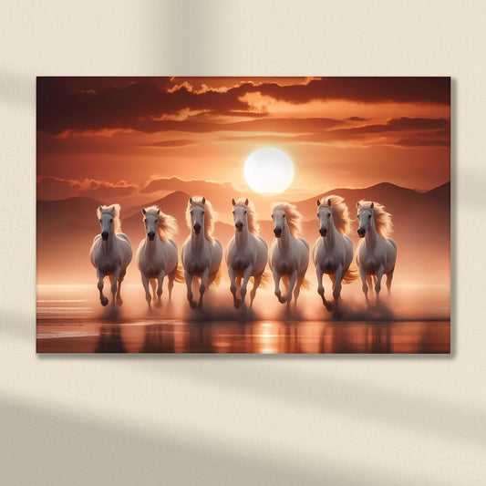 7 White Running Horses Vastu Wall Art Painting for Living Room, Seven Running Horses Painting for Bedroom, Home & Office, Stretched Canvas 16x22 Inch