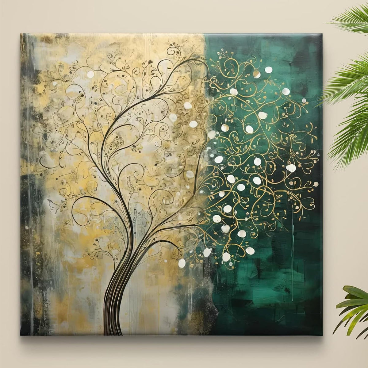 Abstract Tree Wall Art Canvas, Teal and Gold Botanical Painting, Modern Home Decor, 2-Tone Design 16 Inch x 16 Inch CVS-38116