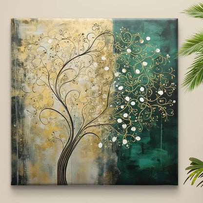 Abstract Tree Wall Art Canvas, Teal and Gold Botanical Painting, Modern Home Decor, 2-Tone Design 16 Inch x 16 Inch CVS-38116