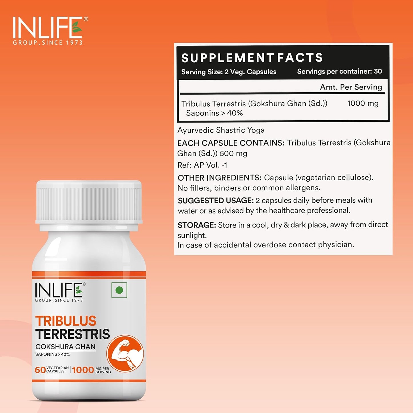 INLIFE Tribulus Terrestris For Men | Gokshura with Saponins >40%, 1000mg per serving - 60 Vegetarian Capsules (Pack of 1, 60)