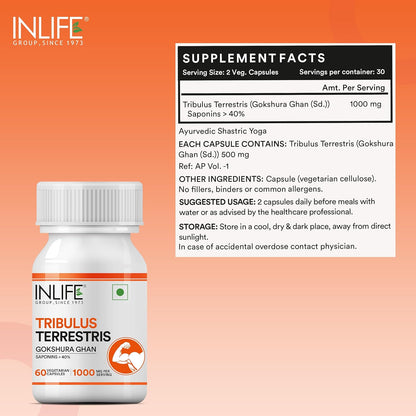 INLIFE Tribulus Terrestris For Men | Gokshura with Saponins >40%, 1000mg per serving - 60 Vegetarian Capsules (Pack of 1, 60)