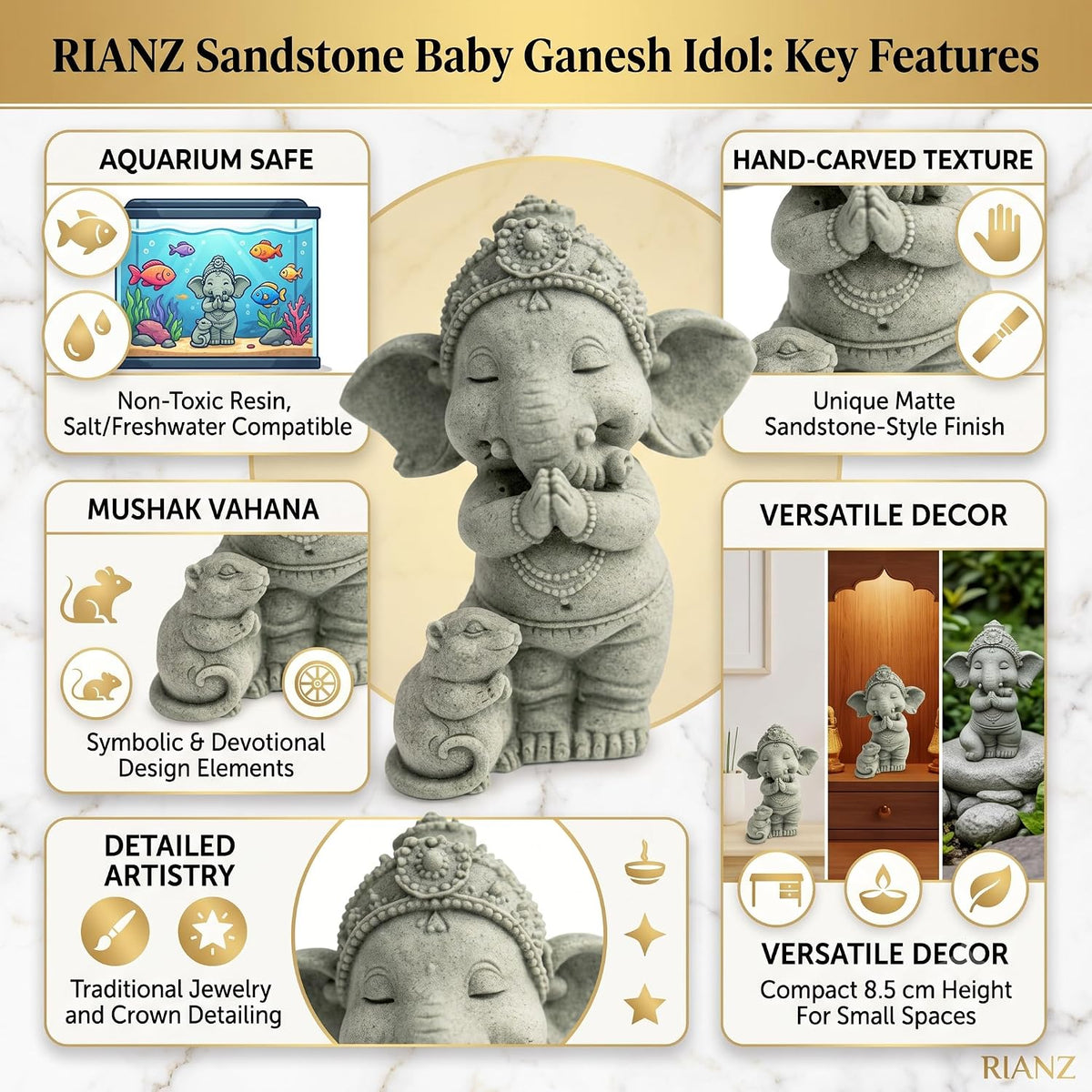 Sandstone Baby Ganesh Idol with Mushak for Home & Garden