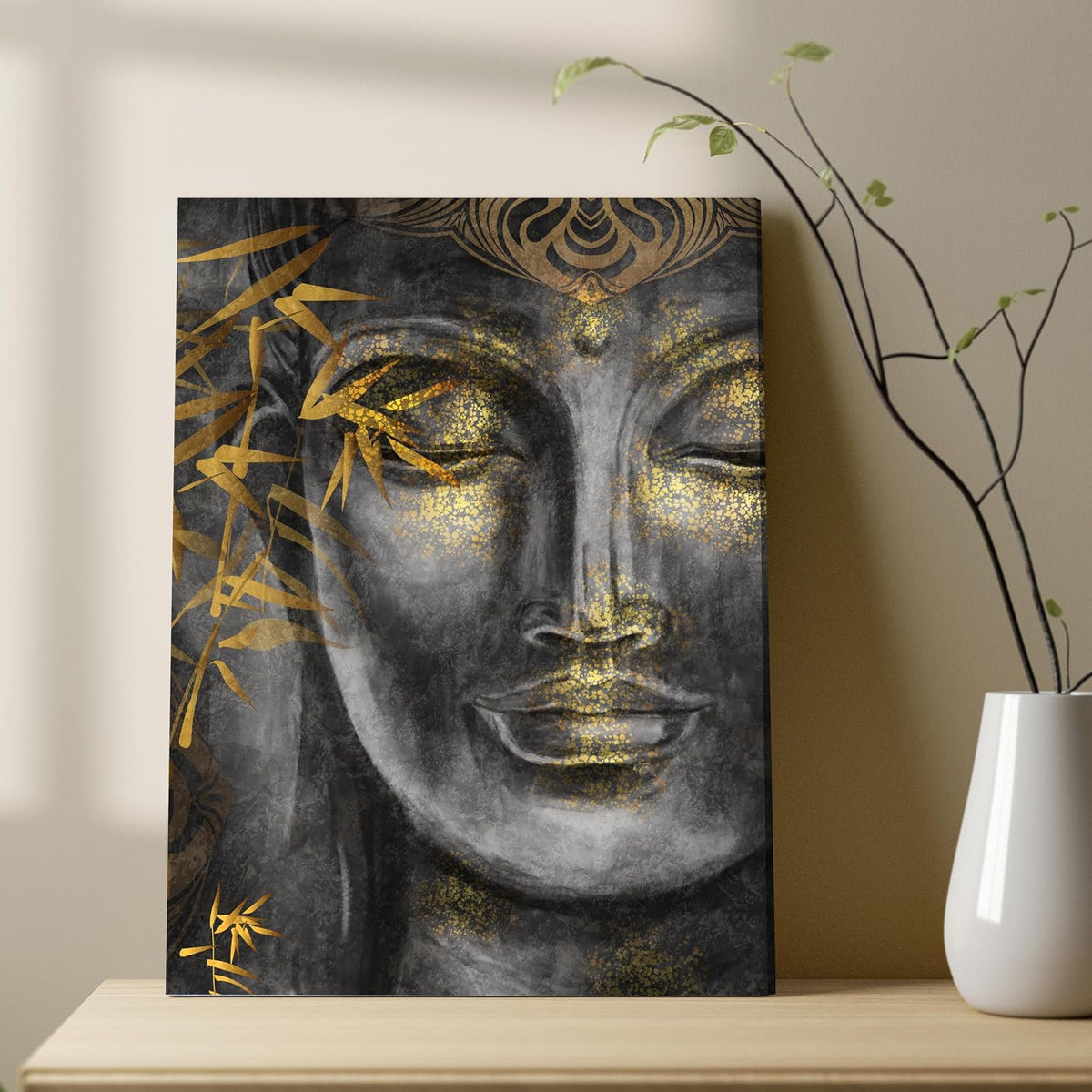Stretched Canvas Painting Buddha Face Theme Grey Gold Wall For Living Room, Home Decor, Wall Decoration Paintings (Size: 16x22 Inch)