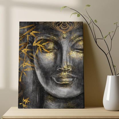 Stretched Canvas Painting Buddha Face Theme Grey Gold Wall For Living Room, Home Decor, Wall Decoration Paintings (Size: 16x22 Inch)