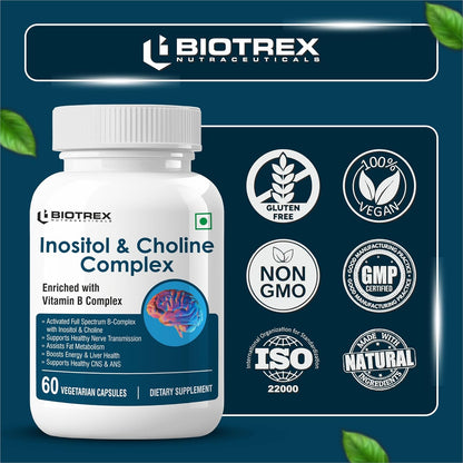 Biotrex Nutraceuticals Inositol and Choline With Vitamin B Complex (B1, B2, B3, B5, B6, B7, B9 & B12) | High Purity Nutrients | Brain & Nerve Function | Better Motor Signal | Lab Tested | 60 Veg Capsules