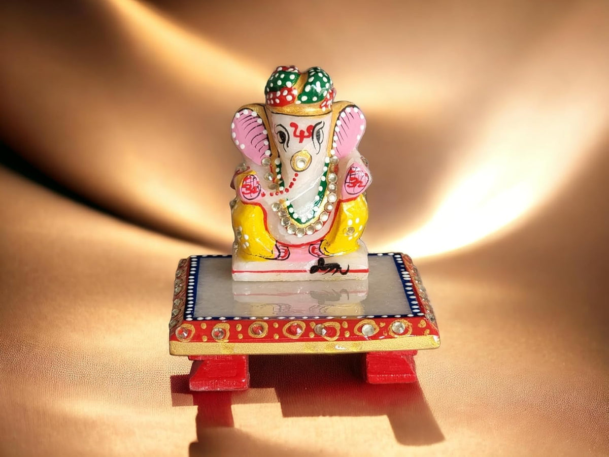 3-Inch Makrana Marble Ganesh Idol with Marble Chowki for Home Décor | Handpainted Ganesha Murti for Temple | Ganesha Figurine Sculpture for Office (3-Inch Ganesh, 4x4x1 Inches Chowki)