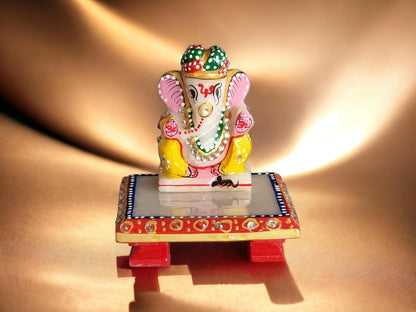 3-Inch Makrana Marble Ganesh Idol with Marble Chowki for Home Décor | Handpainted Ganesha Murti for Temple | Ganesha Figurine Sculpture for Office (3-Inch Ganesh, 4x4x1 Inches Chowki)