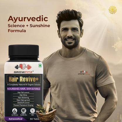 Growfitz Hair Revive+ | Ayurvedic & 100% Natural | Hair Growth, Skin, Nails | For Men & Women - 30 veg tablets (Pack of 1)