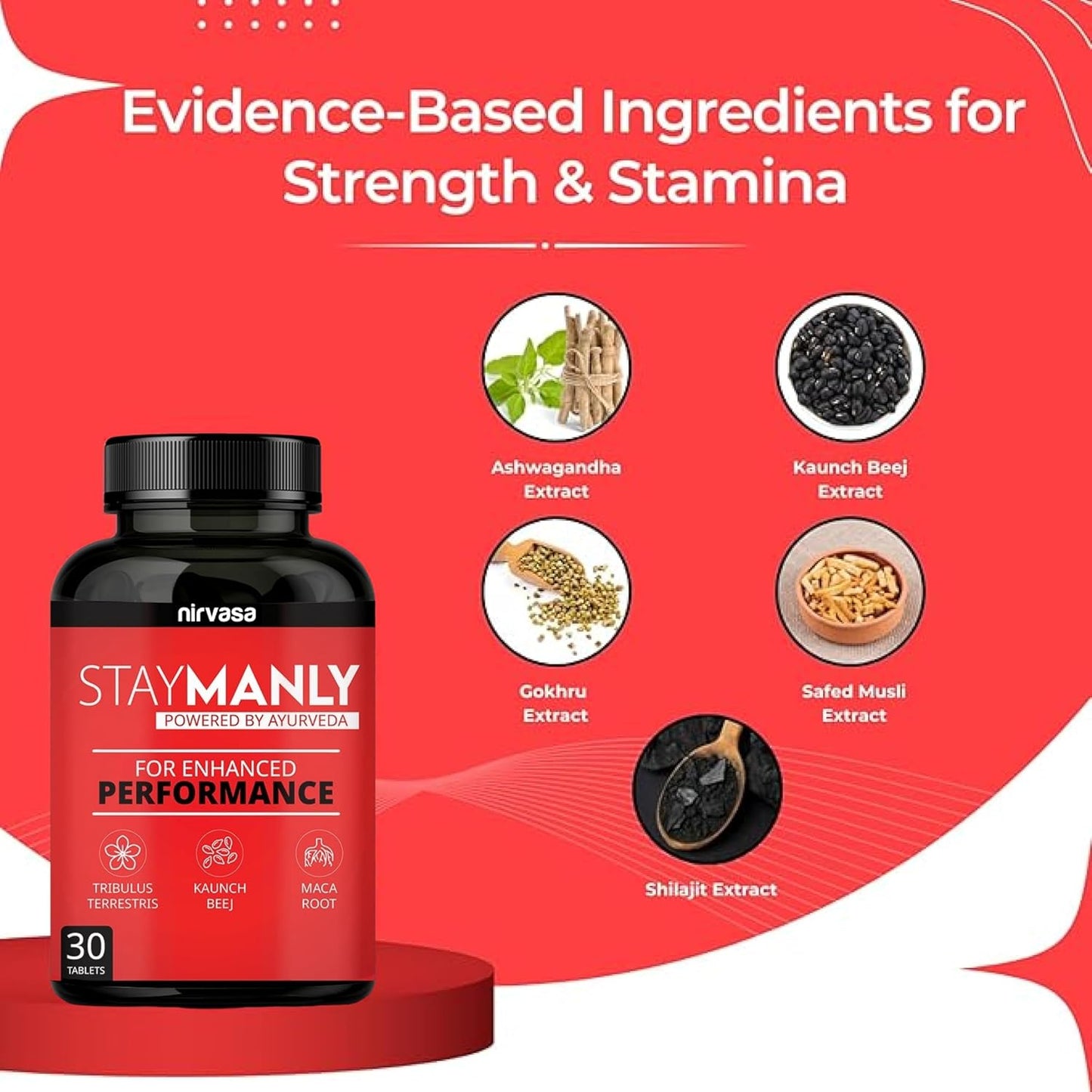 Nirvasa StayManly Tablets (30 Tabs) | Ayurvedic Strength, Stamina & Performance Booster | Boosts Energy, Endurance & Vitality | Tribulus Terrestris, Ashwagandha, Safed Musli & Shilajit