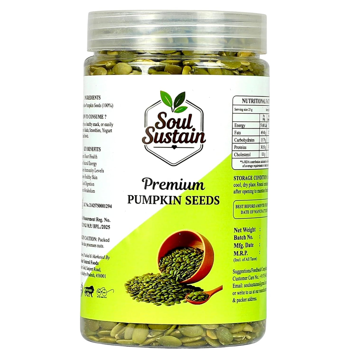 SoulSustain Pumpkin Seeds| Raw Pumpkin Seeds | Edible Seeds for Daily Nutrition | Plant Based Protein | Roasted Snack, Smoothies, Baking, Salads, Keto & Vegan Diet