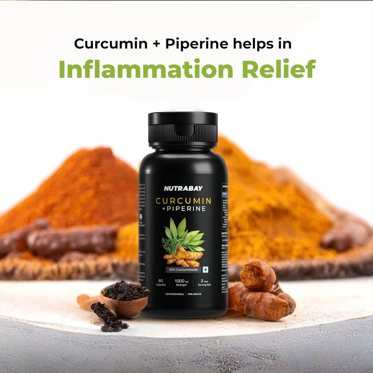 NUTRABAY Curcumin + Piperine supplement bottle with turmeric powder and dates on a light background