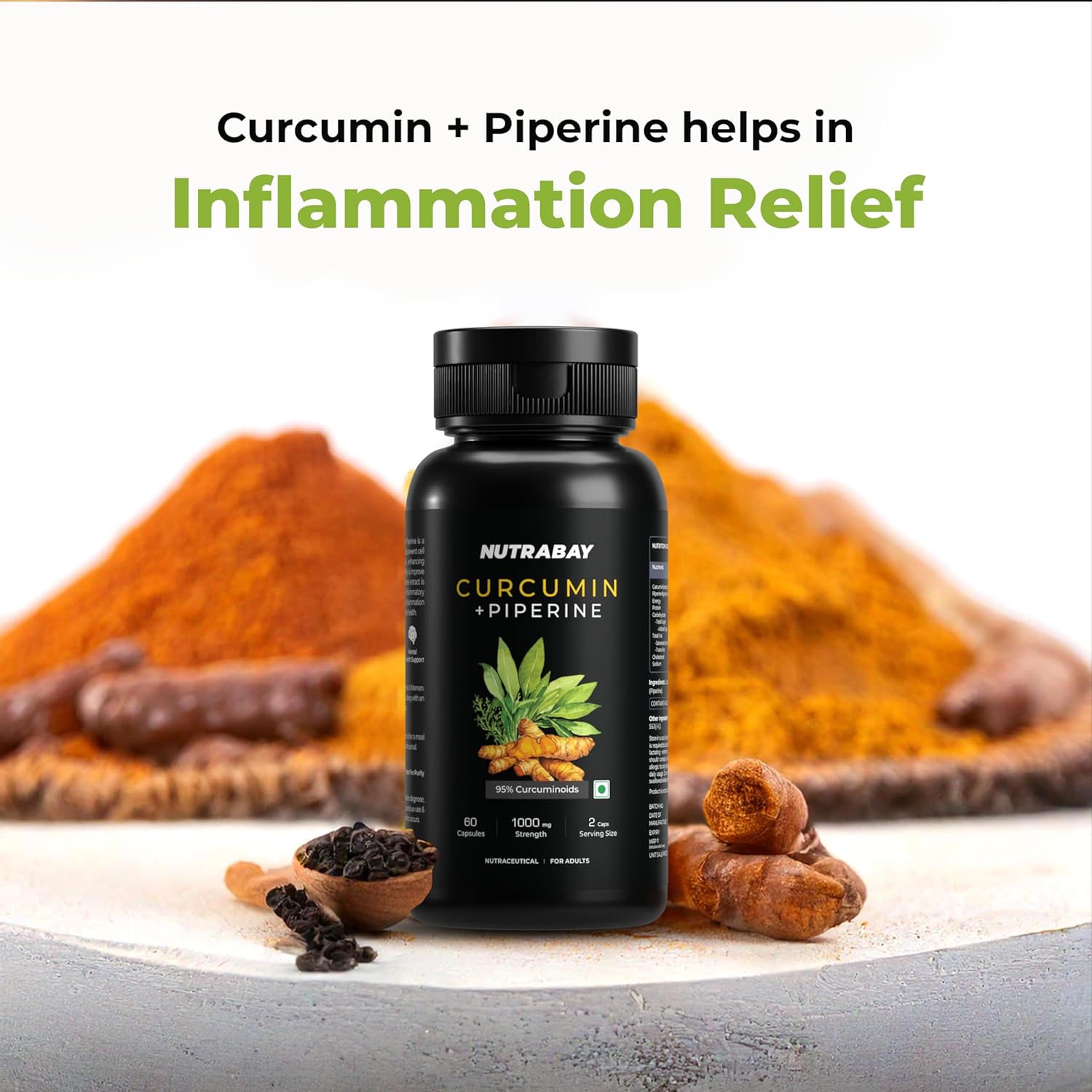 NUTRABAY Curcumin + Piperine supplement bottle with turmeric powder and dates on a light background