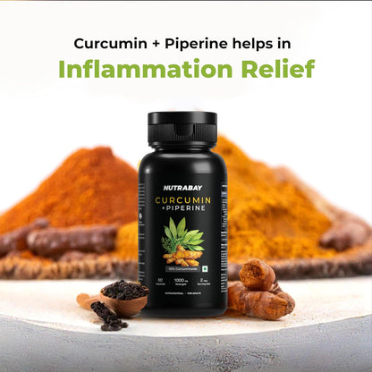 NUTRABAY Curcumin + Piperine supplement bottle with turmeric powder and dates on a light background
