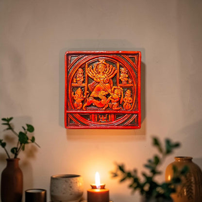 Maa Durga Wall Hanging Terracotta Idol Murti | Sherawali Devi MATA Hand-Painted Spiritual Wall Hanging Art Decor for Home Temple, Mandir, Living & Office Decor | Spiritual Gifts (15x15 CM)