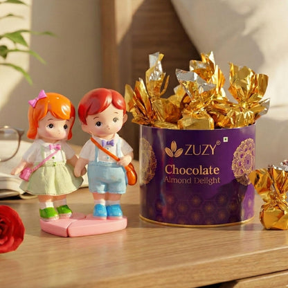 eCraftIndia Little Boy and Girl Walking To School Lovely Miniature Statue Zuzy Almond Chocolates Gift Box Valentine Gift For Girlfriend Boyfriend Husband Wife Her Him