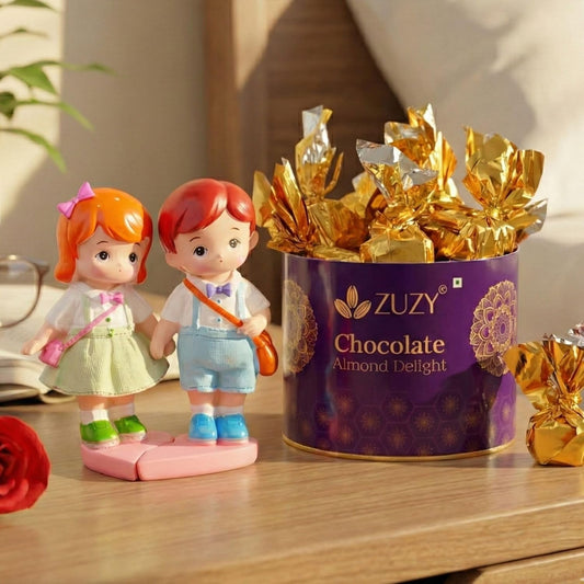eCraftIndia Little Boy and Girl Walking To School Lovely Miniature Statue Zuzy Almond Chocolates Gift Box Valentine Gift For Girlfriend Boyfriend Husband Wife Her Him