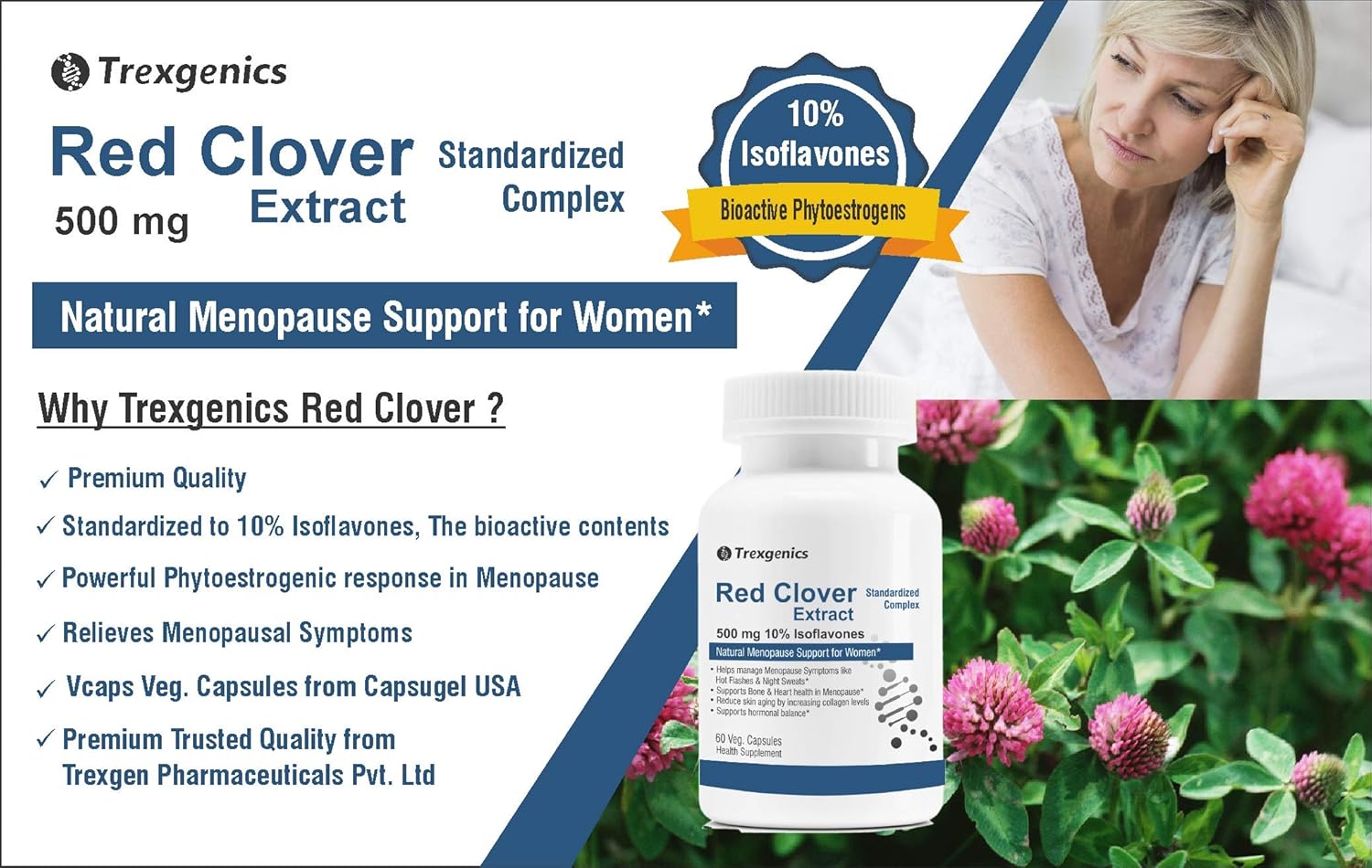 Trexenigics Red Clover Extract supplement with a woman and clover plants in the background
