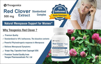 Trexenigics Red Clover Extract supplement with a woman and clover plants in the background